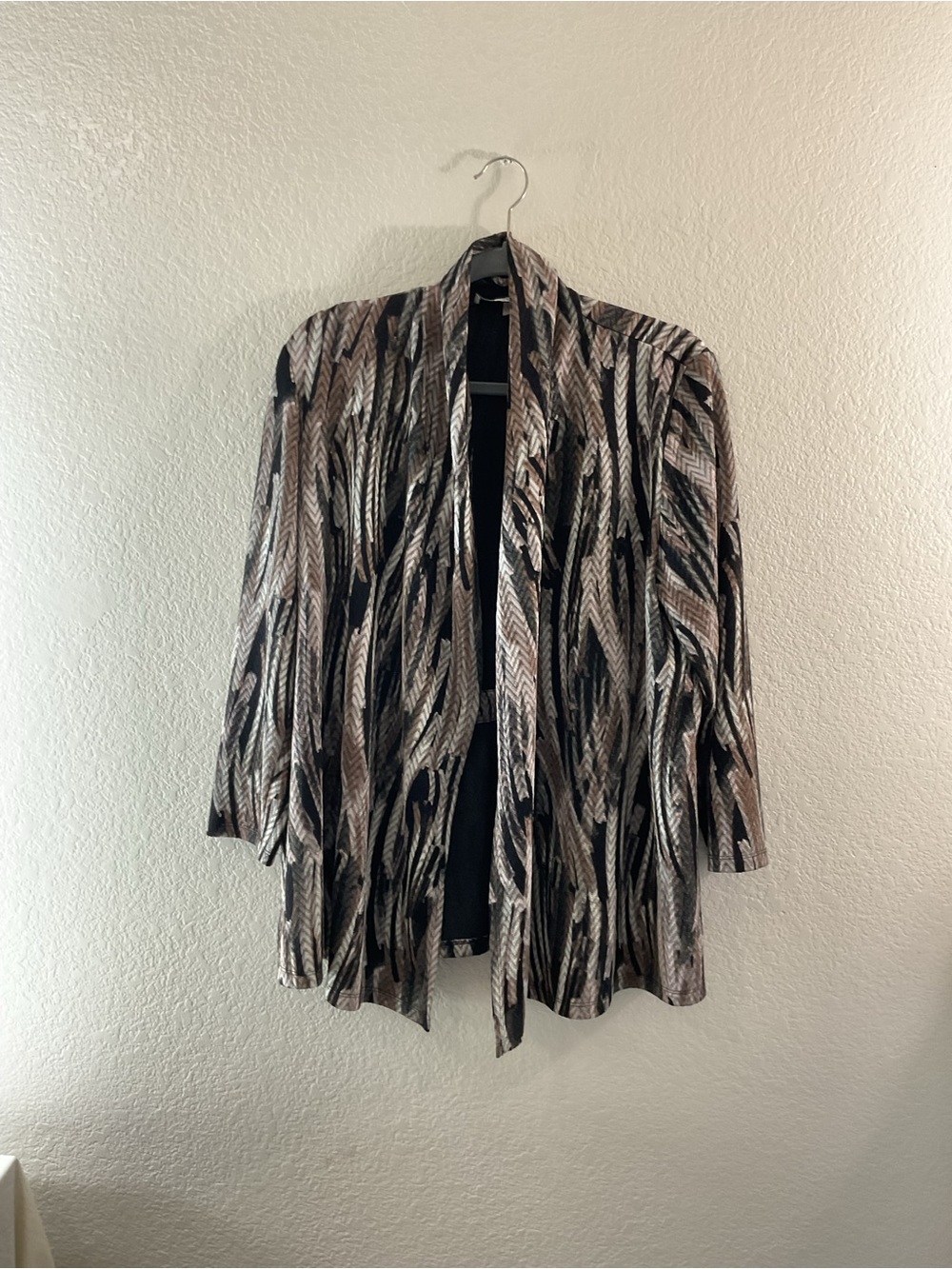 Kasper Open-Front Patterned Cardigan Black Taupe Autumn Blazer Office Casual